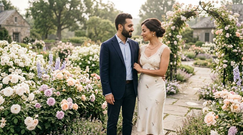Anniversary Photo Surrounded by Flowers Gemini AI Prompts for Anniversary Couple Photos