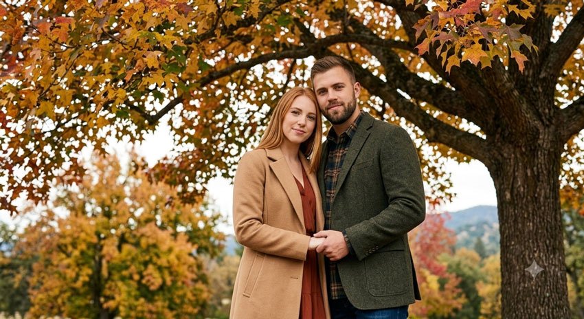 15 AI Prompts for Cozy Fall Couple Photos 2 Walking Through Autumn Leaves