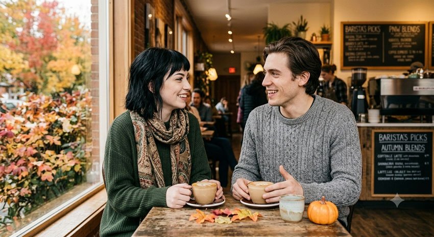 15 AI Prompts for Cozy Fall Couple Photos 4 Cozy Coffee Date in Fall 15 AI Prompts for Cozy Fall Couple Photos