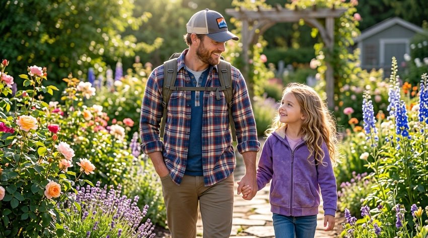 Father and Young Daughter in a Garden