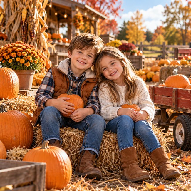10+ AI Prompts for Halloween Pumpkin Patch Photos 2 Cute Kids at a Halloween Pumpkin Patch