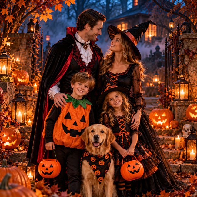 10+ Gemini AI Prompts For Halloween Family Photos 2 Cute Halloween Family Photo with Pumpkins