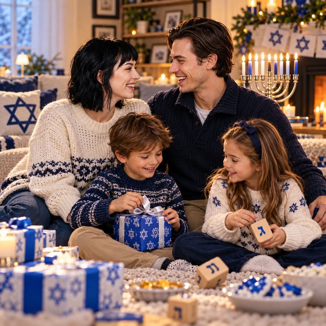 10+ Gemini AI Prompts for Hanukkah Family Photos 3 Parents and Children Celebrating Hanukkah