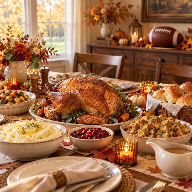 Football and Thanksgiving Dinner Table