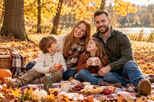 10+ AI Prompts for Beautiful Fall Family Photos 4 Family Picnic Under Golden Fall Trees