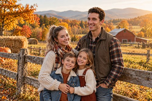 10+ AI Prompts for Beautiful Fall Family Photos 5 Rustic Family Portrait on a Country Farm