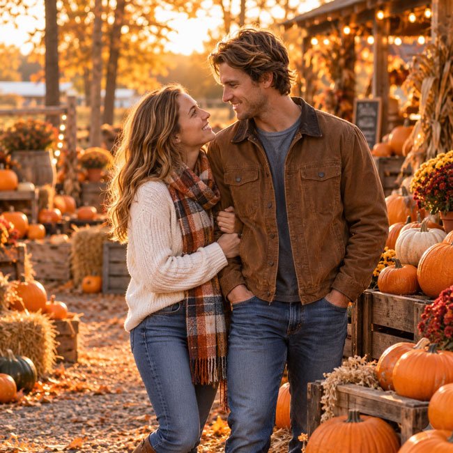 10+ AI Prompts for Halloween Pumpkin Patch Photos 3 Romantic Couple Pumpkin Patch Photos