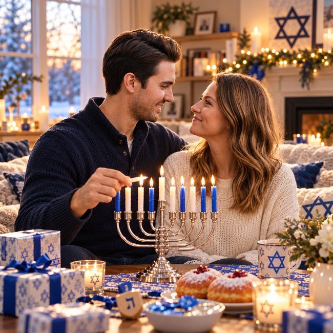 10+ Gemini AI Prompts for Hanukkah Family Photos 1 Cozy Hanukkah Family Portrait by the Menorah
