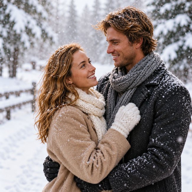 10+ Gemini AI Prompts for First Snow Photos 2 Romantic First Snow Couple Photo
