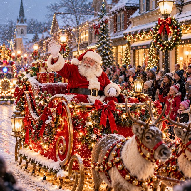 Santa Claus Parade at Night With Glowing Lights