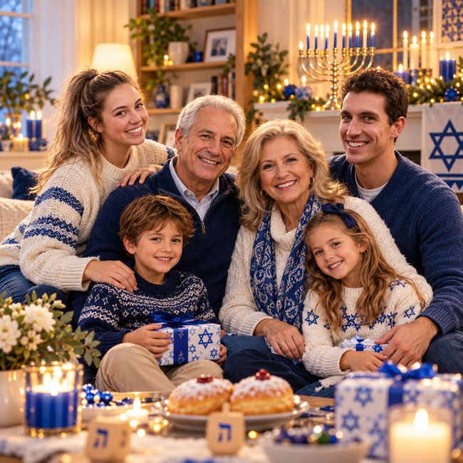 10+ Gemini AI Prompts for Hanukkah Family Photos 5 Grandparents and Grandchildren Celebrating Hanukkah